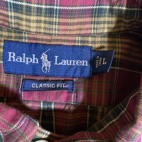 Ralph‎ Lauren Flannel Shirt Mens Large Red Green Plaid Christmas Classic Fit - Picture 3 of 8